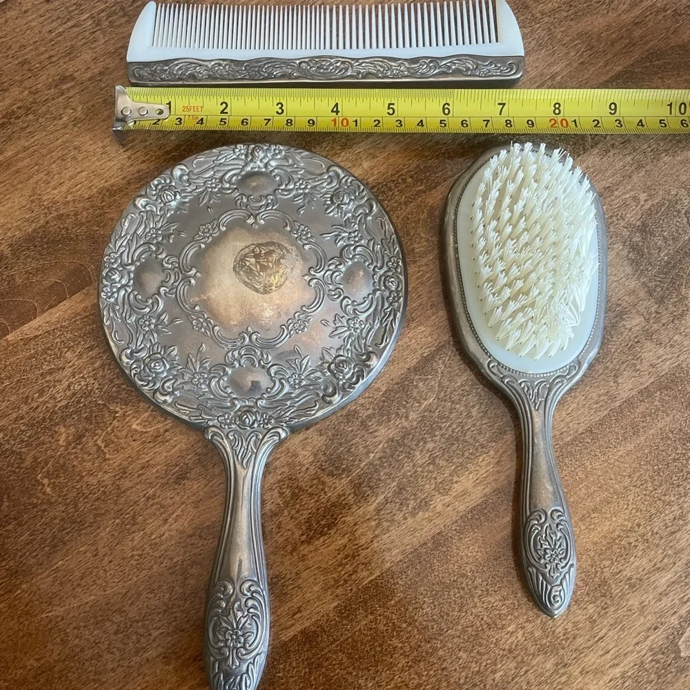 Vintage Art Deco Silver Plate Vanity Set w/Hand Mirror, Comb, and Handled Brush